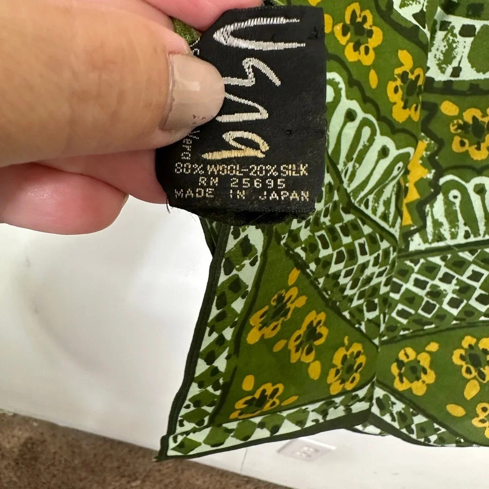 Vintage Vera Neumann Wool Silk Scarf Green Yellow Geometric Floral Made in Japan